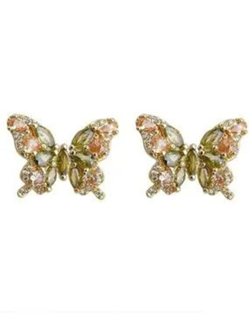 Anthropologie Gold Tone Butterfly Earrings with Pink and Green Crystals